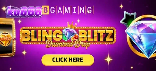 Tampilan visual game slot Bling Blitz Diamond Drop dengan latar belakang gelap dan simbol berlian yang berkilau.
